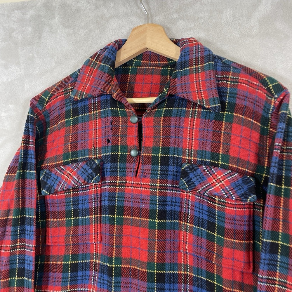 Vintage Handmade 50s 60s Wool Loop Collar Flannel Shirt Mens‎ Medium 21x28 Plaid